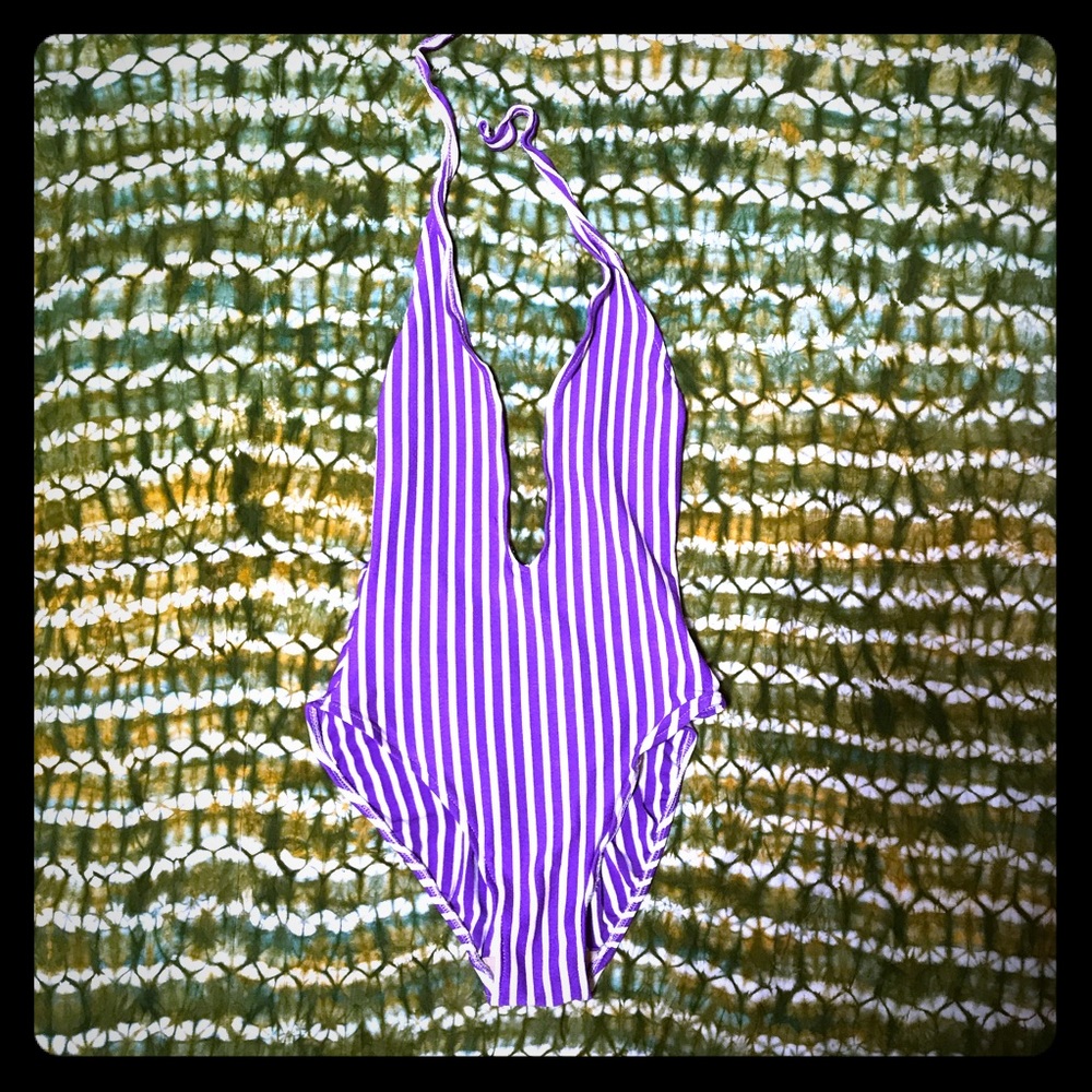 Vtg Deep V Striped Swimsuit S